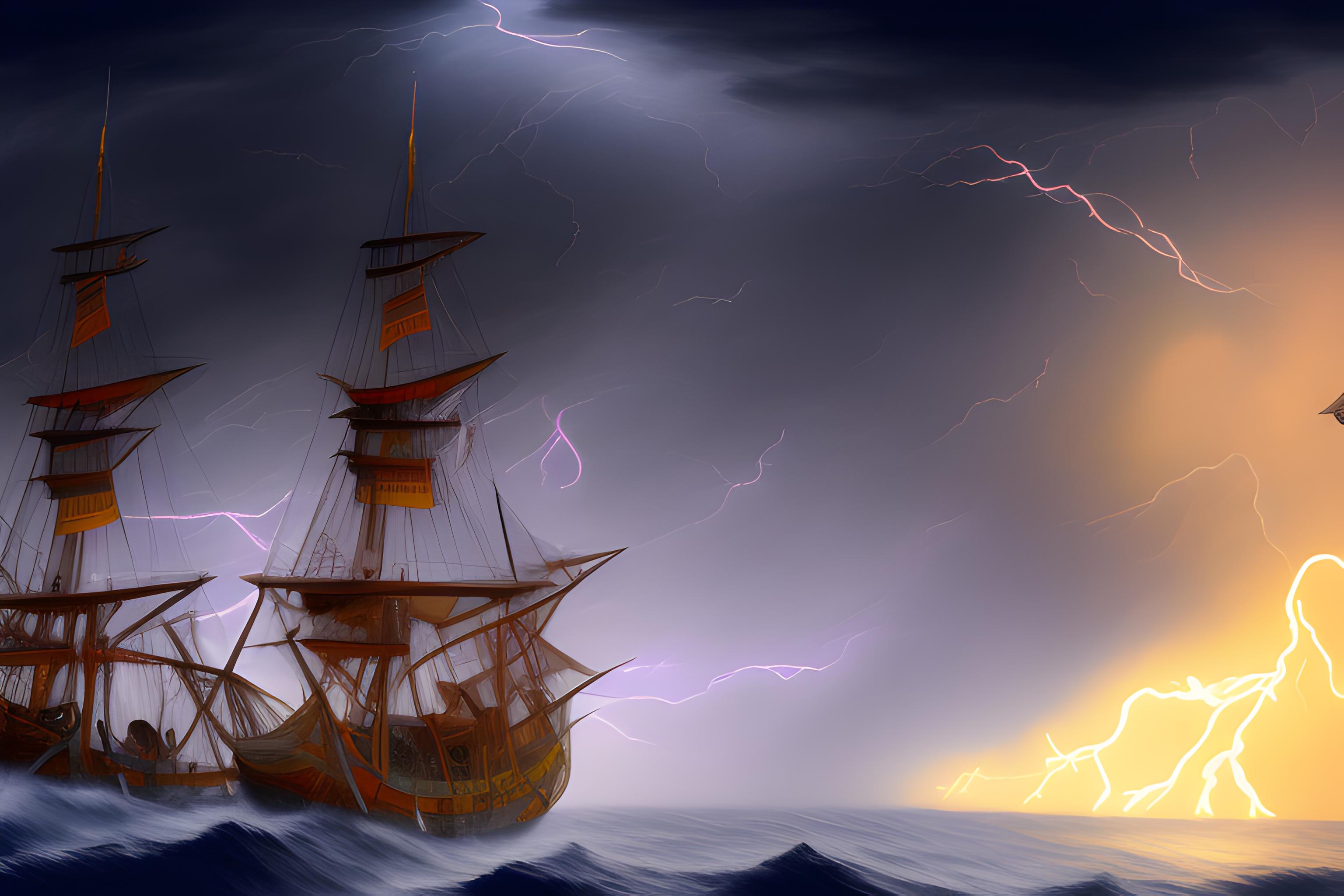 A painting of a Chinese junk sailboat in a heavy lightning storm